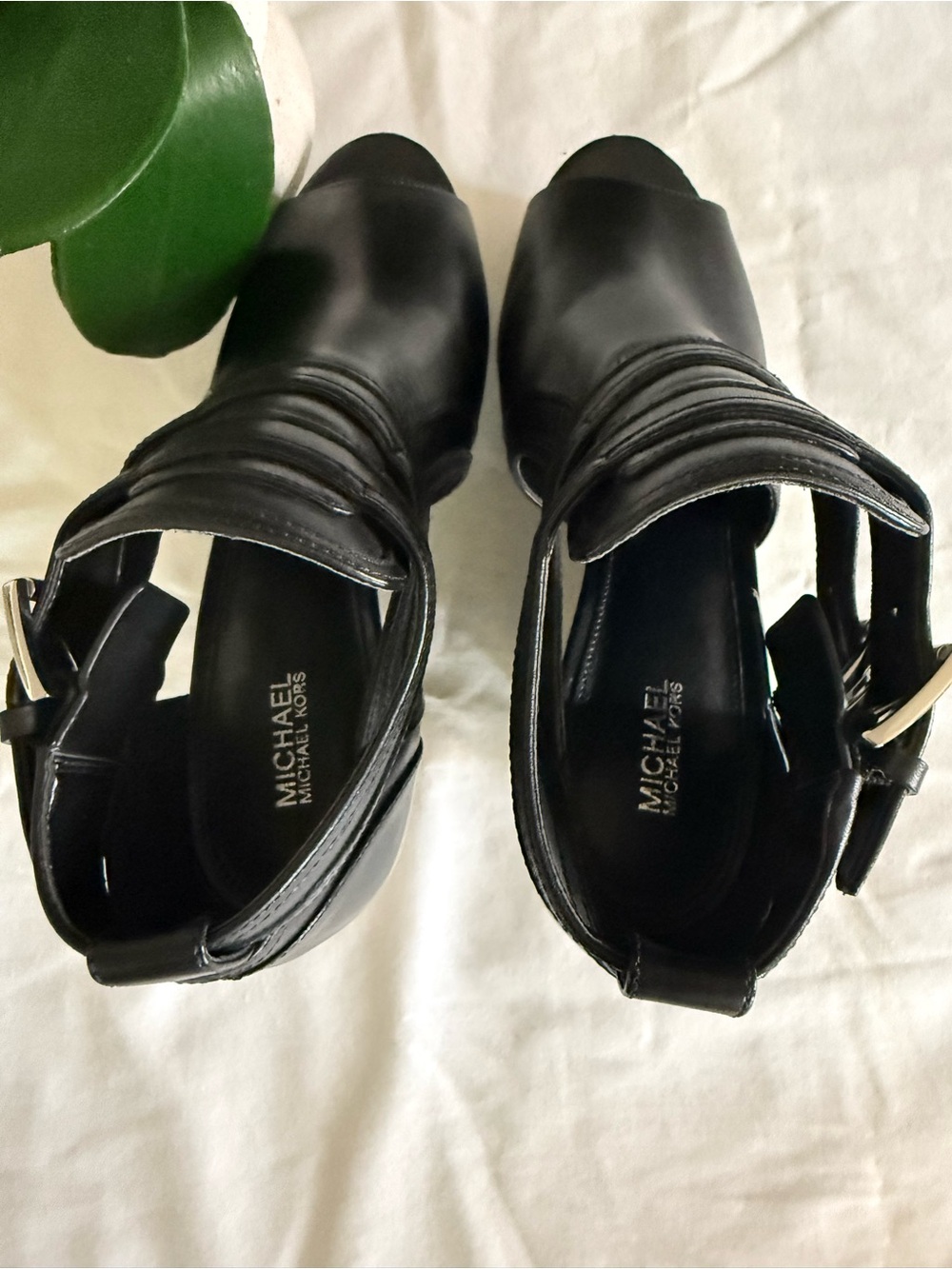 MICHAEL Michael Kors Black Peep-Toe Wedge Sandals with Buckle Straps - Picture 4 of 8